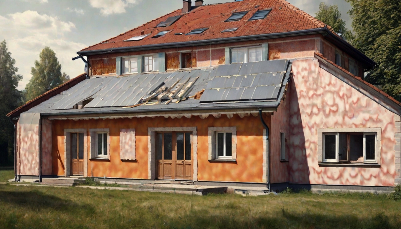 Handwerker bringt Dämmung an der Fassade eines Altbaus an