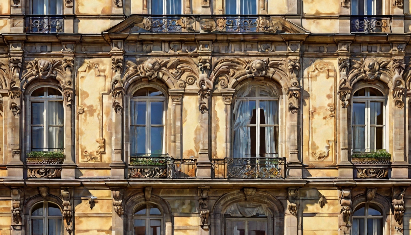 Denkmalgeschützte Altbaufassade mit historischen Fenstern und Stuck während der Renovierung