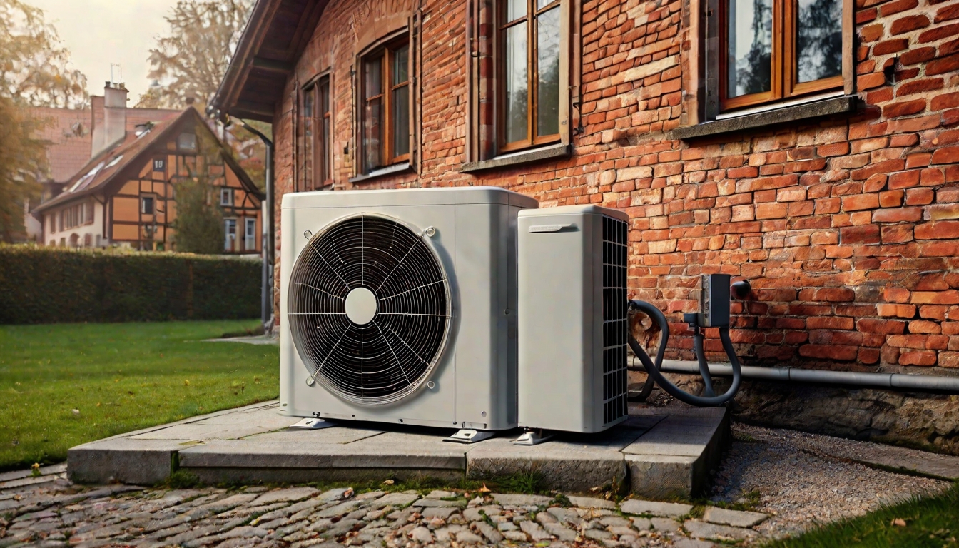 Luft-Wärmepumpe im Garten neben einer sanierten Altbaufassade